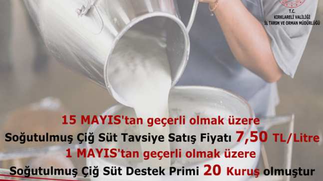 Soğutulmuş çiğ sütün tavsiye satış fiyatı 7,50 TL/Litre