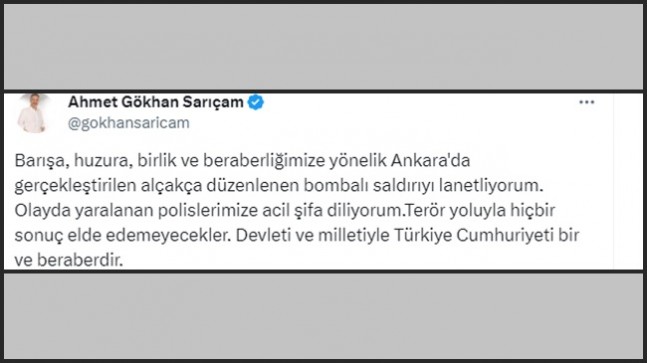 Milletvekili Sarıçam; ‘’Alçakça düzenlenen bombalı saldırıyı lanetliyorum’’