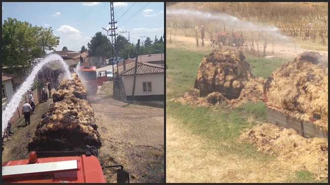 Saman yüklü iki römorkta çıkan yangın söndürüldü