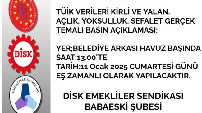 DİSK Emekliler Sendikası Babaeski Şubesi, 11 Ocak’ta Basın Açıklaması Düzenleyecek